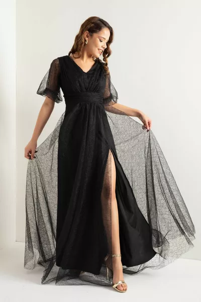 Schwarzes langes Abendkleid mit Ballonärmeln und Glitzer für Damen