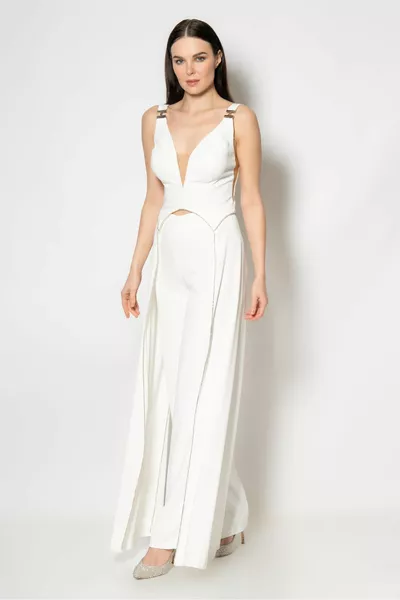 Doorlopende streep stenen accessoire bustier broek crêpe dubbele avondjurk set