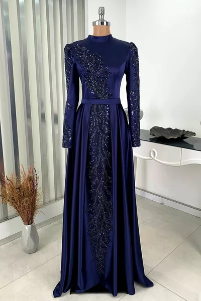 Pleated Skirt Front Stone Sequin Detail Dream Evening Dress - Navy Blue
