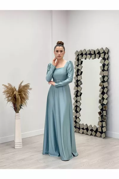 فستان مستورد من كريب الساتان بياقة مربعة كيلو - أخضر نعناعي