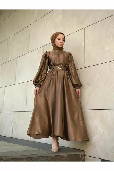 Balloon Sleeve Satin Evening Dress Gold