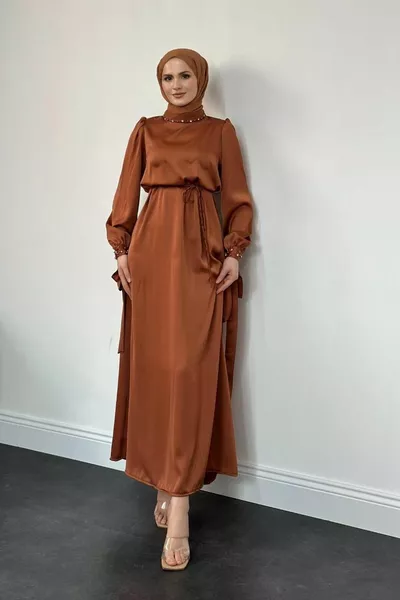 Lupin Arm And Neck Stone Evening Dress Tan