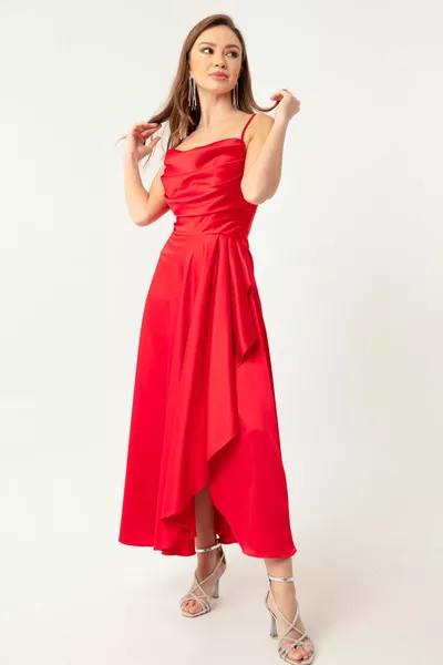 المرأة الأحمر flounce شق الساتان ميدي طول مساء اللباس والتخرج اللباس