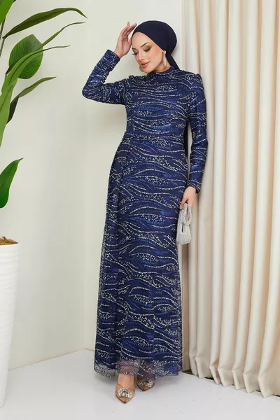 حجر وترتر منقوشة تول الحجاب مساء اللباس الأزرق الداكن 