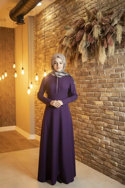 Ribbed Stone Detailed Purple Hijab Evening Dress
