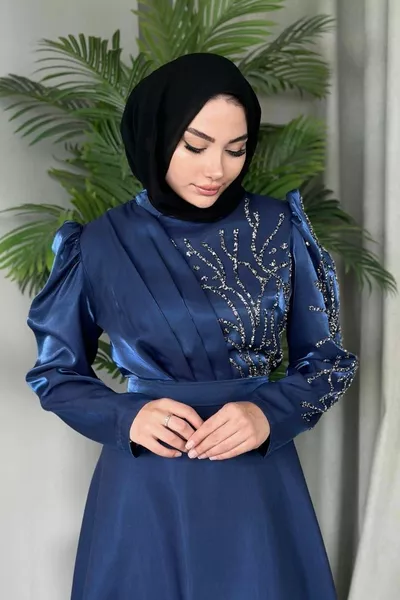 قماش التفتا حجر مطرز الأزرق الداكن