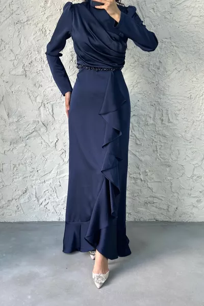 Талия топчета подробни сатен хиджаб вечерна рокля тъмно синьо