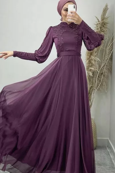 Ръкав и гърдите бродирани Janjan хиджаб вечерна рокля - слива