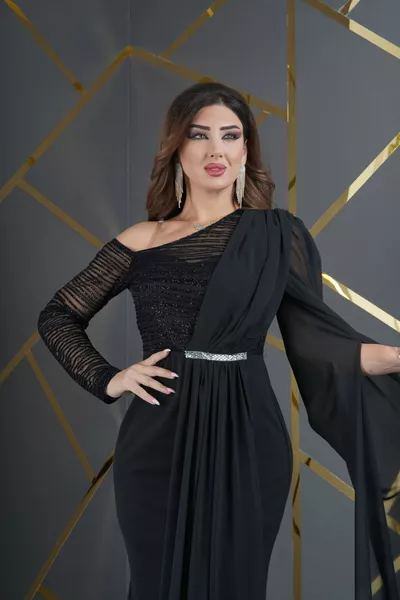 Scuba Crêpe Chiffon Glitzer Flock Design One Shoulder Langes Kleid Abendkleid