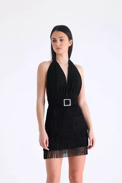 Isabella Püsküllü Mini Siyah Elbise