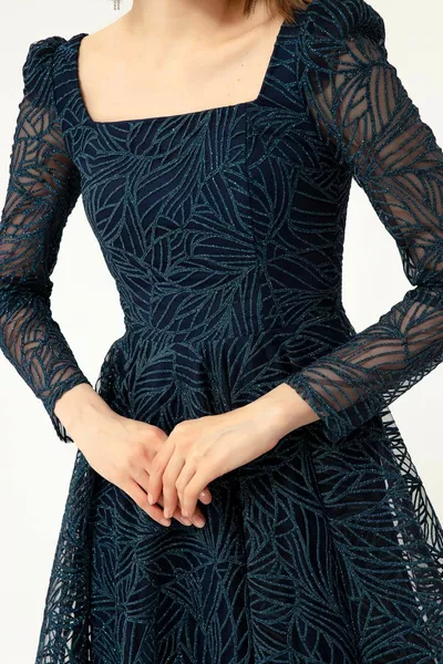 المرأة الأزرق الداكن مربع طوق بريق فساتين السهرة