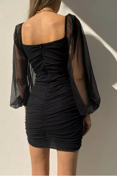 المرأة رقيقة مبطنة طويلة تول الأكمام مفصلة قصيرة سوداء مساء اللباس 