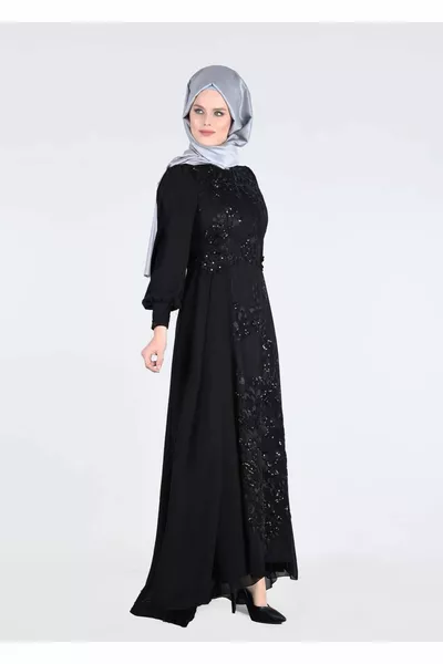 Women's Black T  Fy Collection-embroidered Detailed Hijab Evening Dress