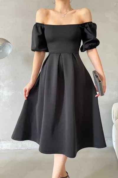 Neue Saison Damen Flexibles Tauchergewebe Quadratischer Ausschnitt Ballonärmel Design Schwarzes Midi-Abendkleid 