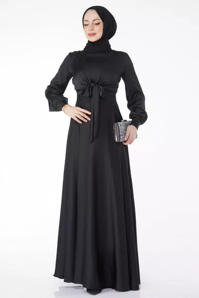 Straight Judge Neck Dames Zwarte Front Tie Avondjurk - 