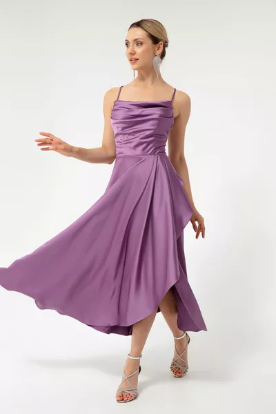 Damen Lavendel Volant Schlitz Satin Midi Länge Abendkleid & Abschlusskleid