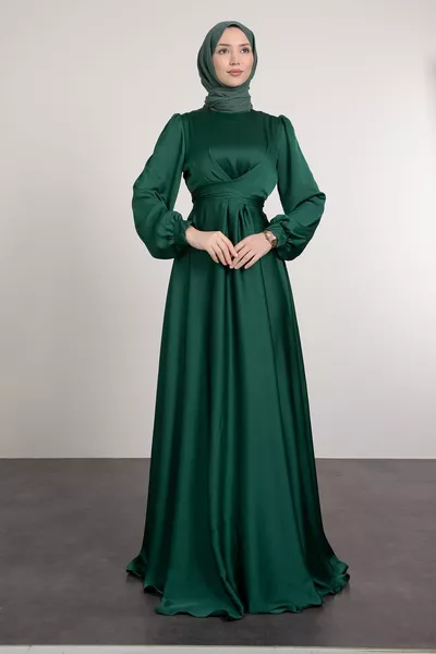 فستان سهرة محجب برباط خصر قطري من الياقة