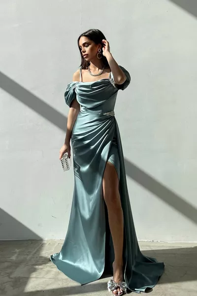 كم بالون وحجر التفاصيل alller تصميم أنيق الساتان مساء اللباس