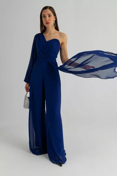 الصدر شغل رايات واسعة الساق تول حزام مفصلة اصطف كم واحد ساكس الأزرق مساء اللباس 