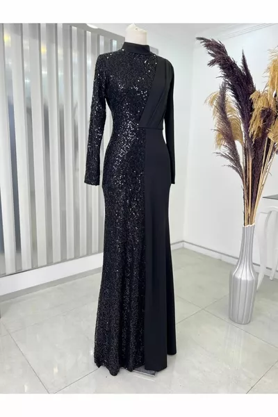Sequined Azalea Хиджаб Вечерна рокля Черна