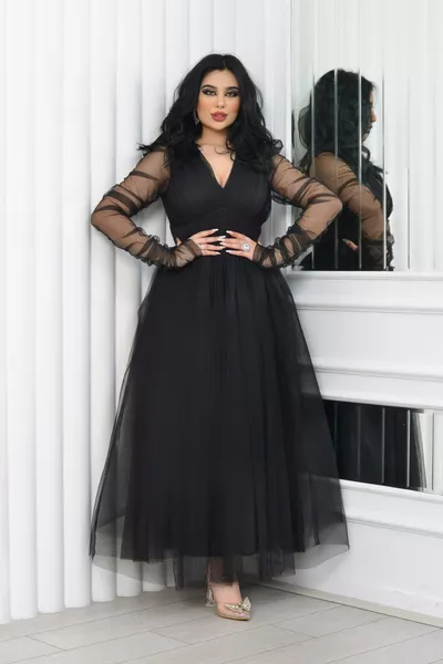 Tül Tasarım V Dekolteli Kolları Kat Kat Transparan Diz Altı Elbise Abiye