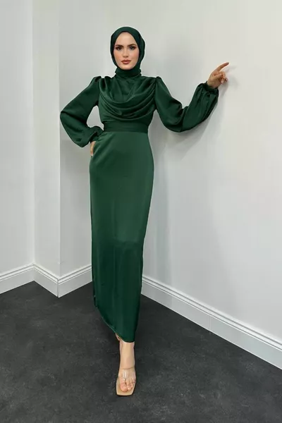 Amber Drape Detail Satin Evening Dress Emerald