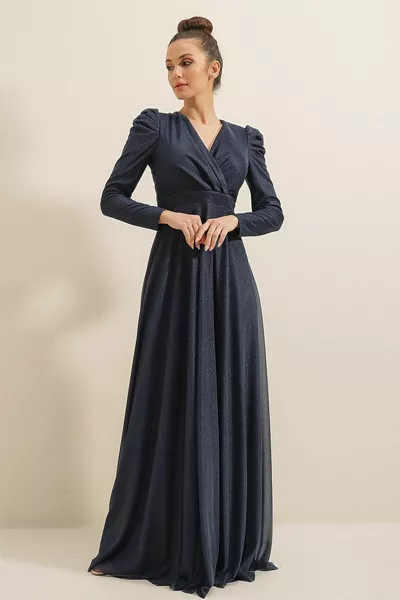 ربطة عنق خط الكتفين مطوي اصطف بريق فستان طويل الأزرق الداكن