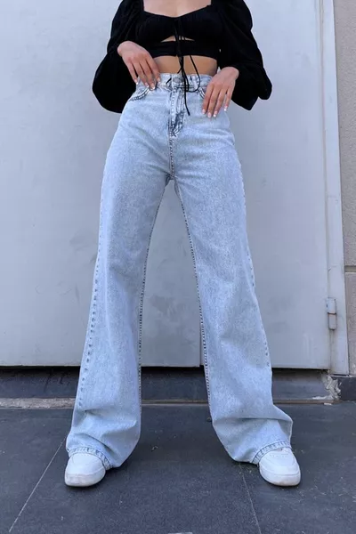 Jeans a gamba larga blu ghiaccio a vita alta Jeans elasticizzati in lycra