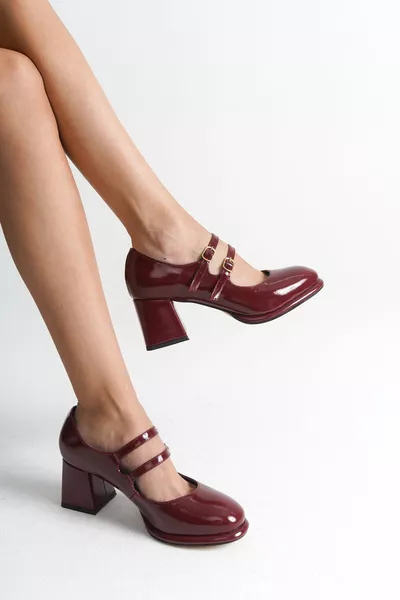 بورجوندي براءات الاختراع الجلود جولة اصبع القدم ماري جين أحذية نسائية متوسطة الكعب