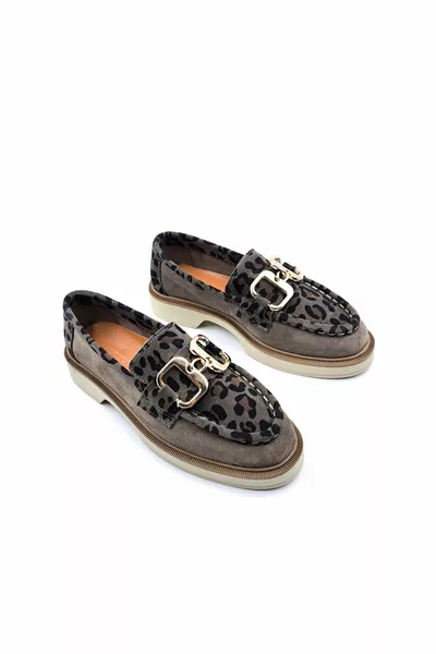 Echtes Wildleder Nerz Farbe Leopard Print Schnalle Damen Loafer Schuhe