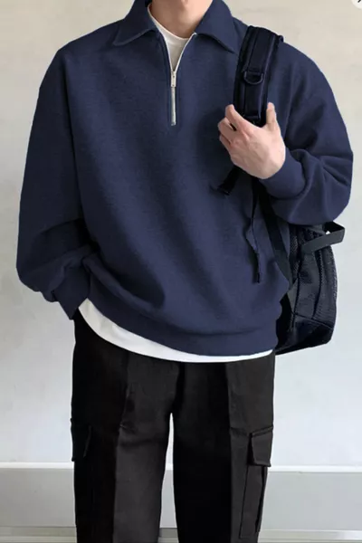 Мъжки суитшърт с якичка, оувърсайз и половин цип