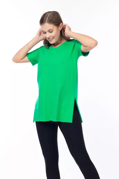 % Baumwolle Damen Benetton Grün V-Ausschnitt, seitlicher Schlitz, asymmetrisches Baumwollstrick-T-Shirt Tunika