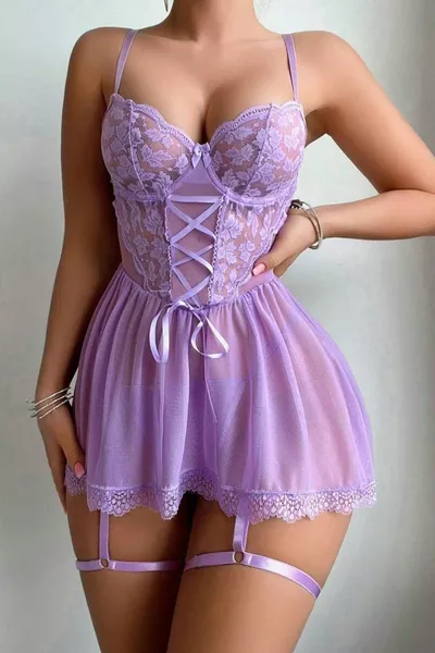 Lilac Knit and Ribbon Detail Strappy Nightgown Set