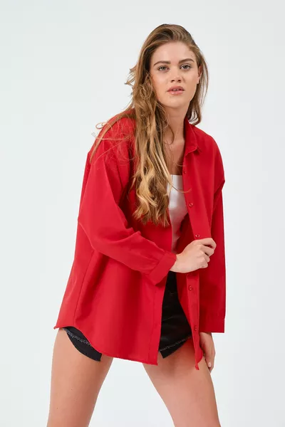 Дамска червена удължена риза в свободен стил