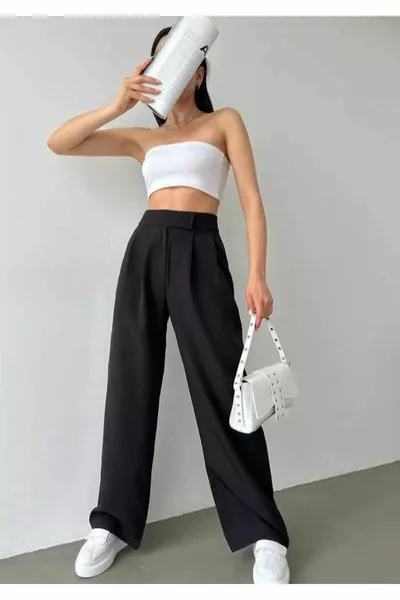 Women's Black Stretch Velcro Closure Wide-Leg Comfortable Palazzo Pants