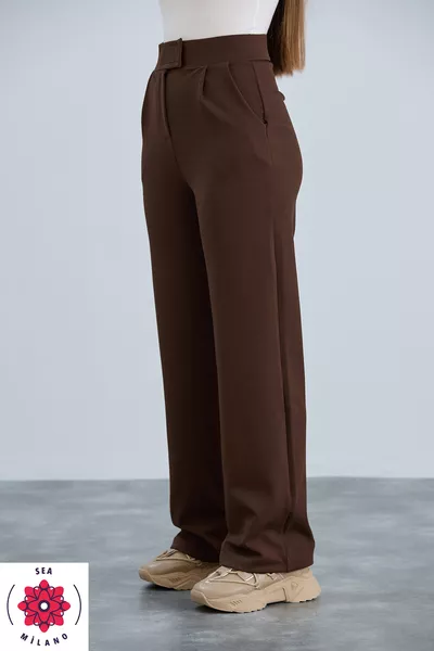 Women's Coffee Color Velcro Closure Comfortable Palazzo Pants with Stretchy Elastic Waist High Waist