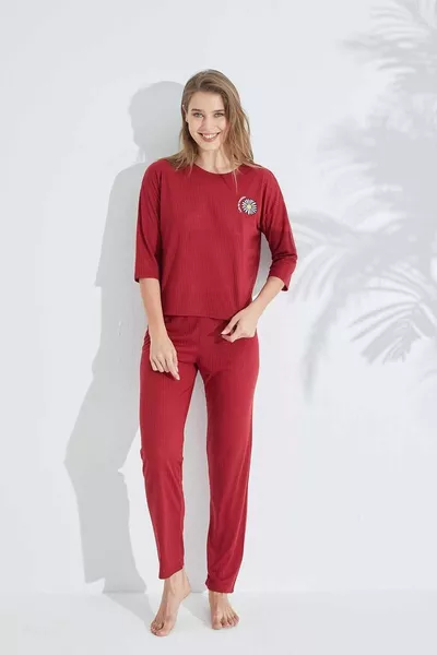 Burgundy Soft Touch Fine Knitted Embroidered Pajamas Set
