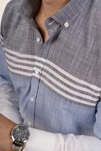 Checkered Gray Blue Striped Linen Slim Fit Men's Shirt