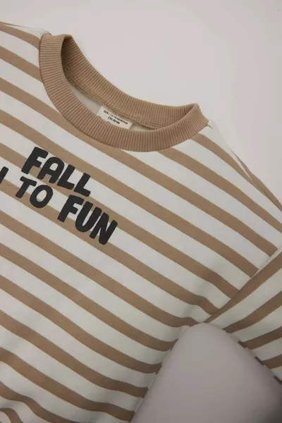 Erkek Bebek Bisiklet Yaka Baskılı İçi Yumuşak Tüylü Çizgili Sweatshirt WN