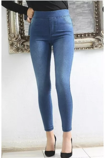 Women's Washed Blue High-Waist Elastic Waist Jeans