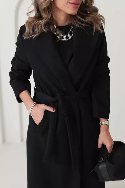 Women's Black Lined Pocketed Long Oversized Wool Coat with Belt