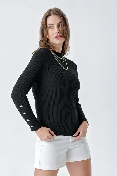 Women's Ribbed Knit Sweater with Half Turtleneck and Button Details Black 