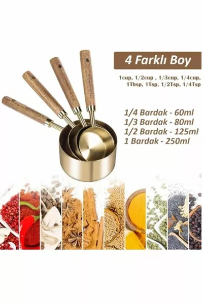 Комплект от 4 големи мерителни лъжици от неръждаема стомана с дървени дръжки, мерителни чаши мл мл мл мл