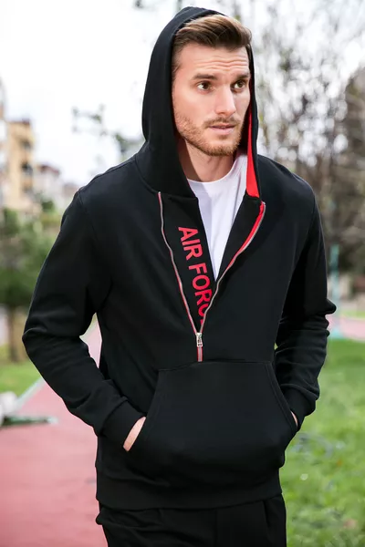 Men's Slim Fit Sweatshirt with Hood and Kangaroo Pocket, Zippered Sweat 