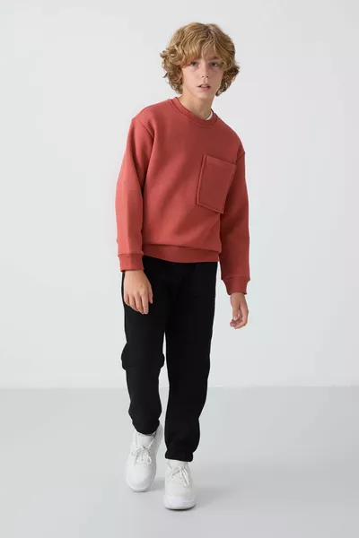 Теракота-черен памучен дебел анцуг с вътрешен пух, стандартно прилягане, с щампа за момчета - 