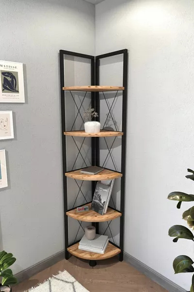 رف زاوية معدني من 5 أرفف للكتب رف للزينة من خشب الصنوبر