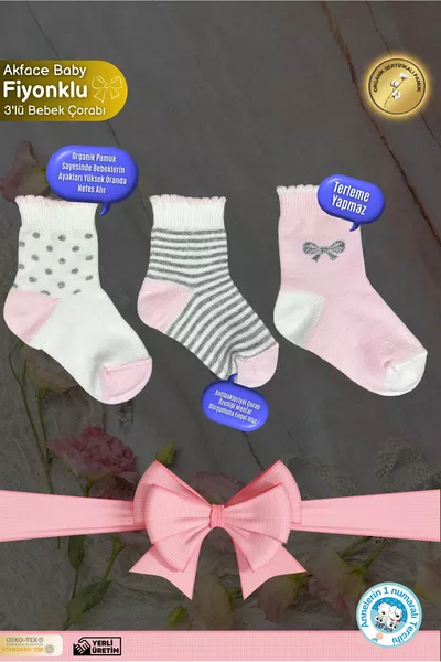 Lot de 3 chaussettes en coton pour nouveau-né fille rose avec motif et nœud