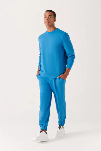 سروال رياضي رجالي بكحلي غامق، بحزام قابل للربط، جيوب جانبية، أطراف مطاطية، من قماش قطني مزدوج الخيط 