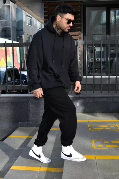 طقم بدلة رياضية رجالي شتوي أسود، 3 خيوط، مبطن بالقطبية، واسع