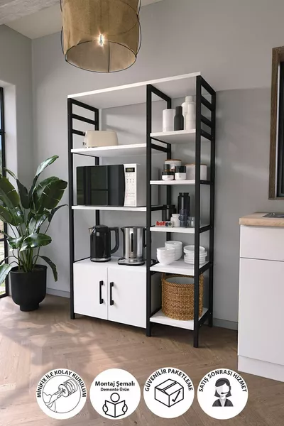 Étagère de cuisine avec 2 portes et 8 étagères, coin café, étagère de cuisine, buffet de cuisine, blanc Brésil